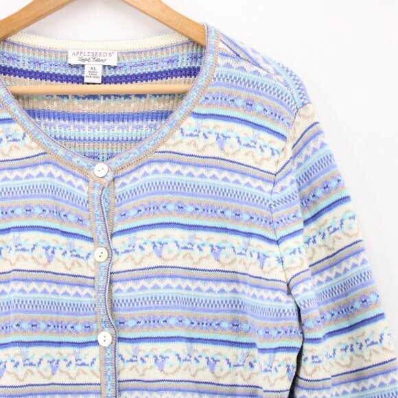 Appleseed's Limited Edition Cardigan Womens Blue Fair Isle Pointelle Light XL - Picture 2 of 9